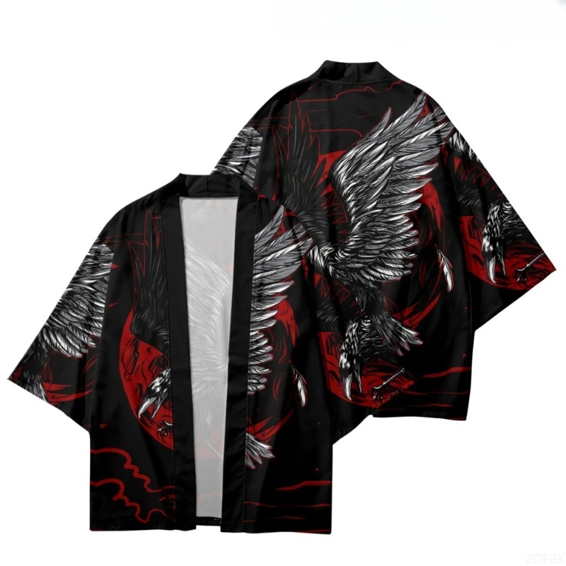 Street Fashion Kimono - Moda Karga Baskılı Açık Ön Kimono