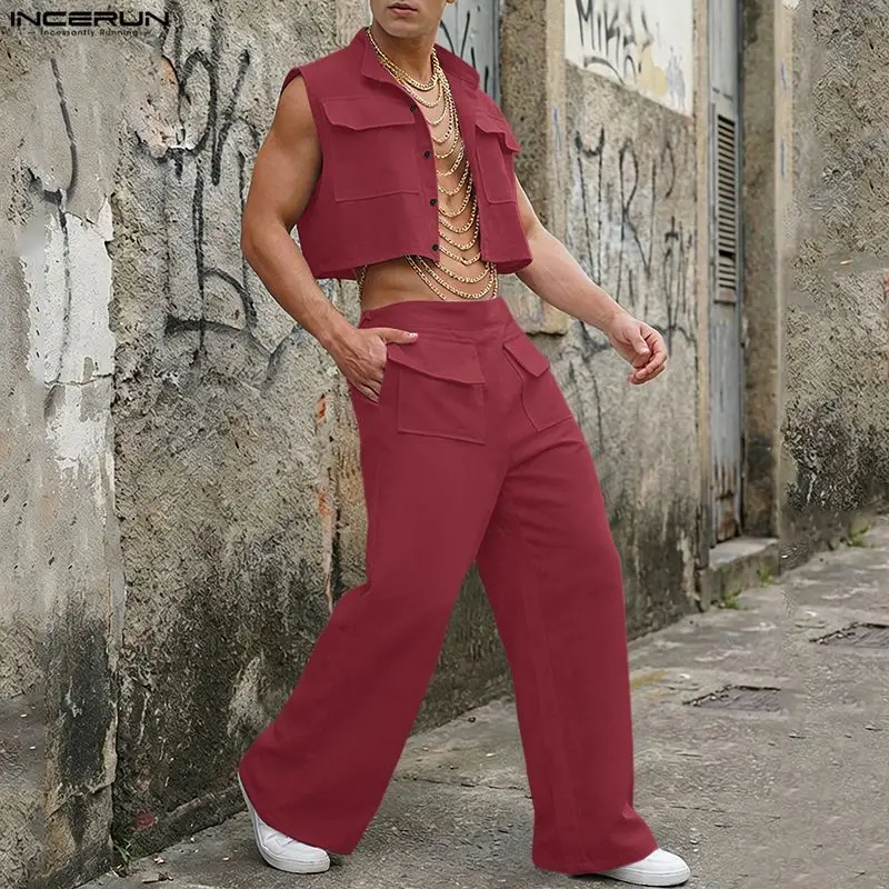 Street Fashion Male - INCERUN Erkek Setleri Katı Kolsuz Kırpma