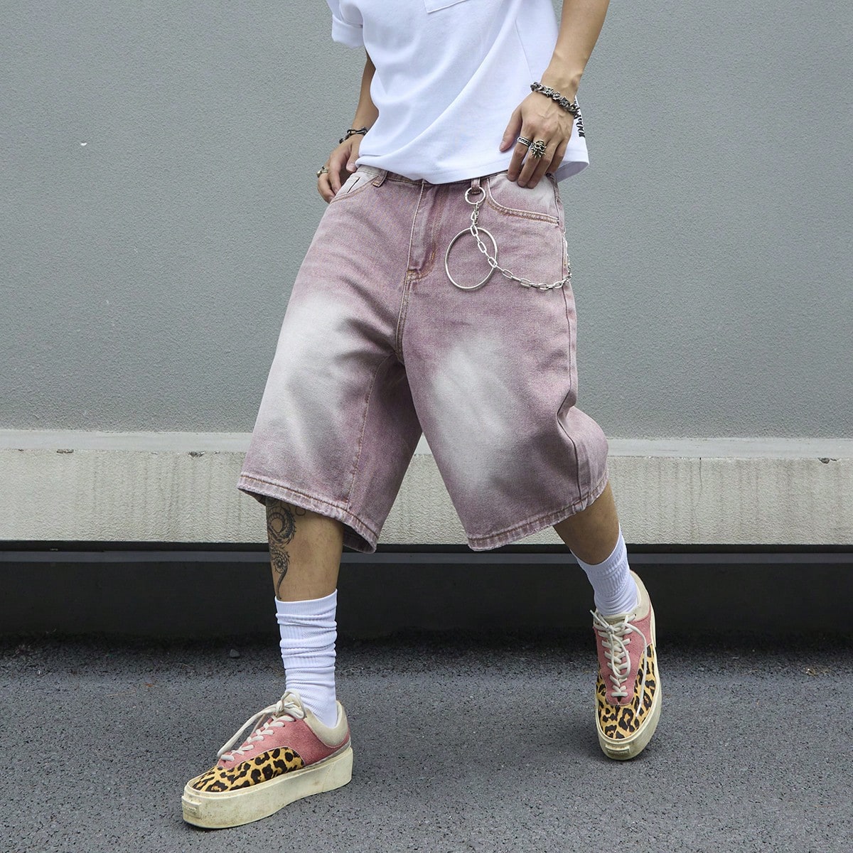 Street Fashion Baggy - Erkek Pembe Degrade Kot Şort Vintage