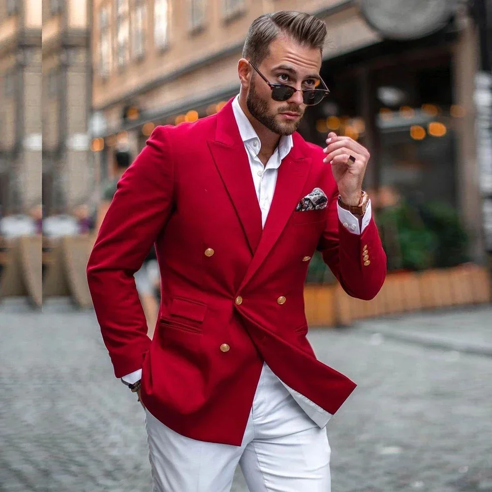 Street Fashion Jacket Men - Kırmızı Ceket Beyaz Pantolon Kruvaze Moda