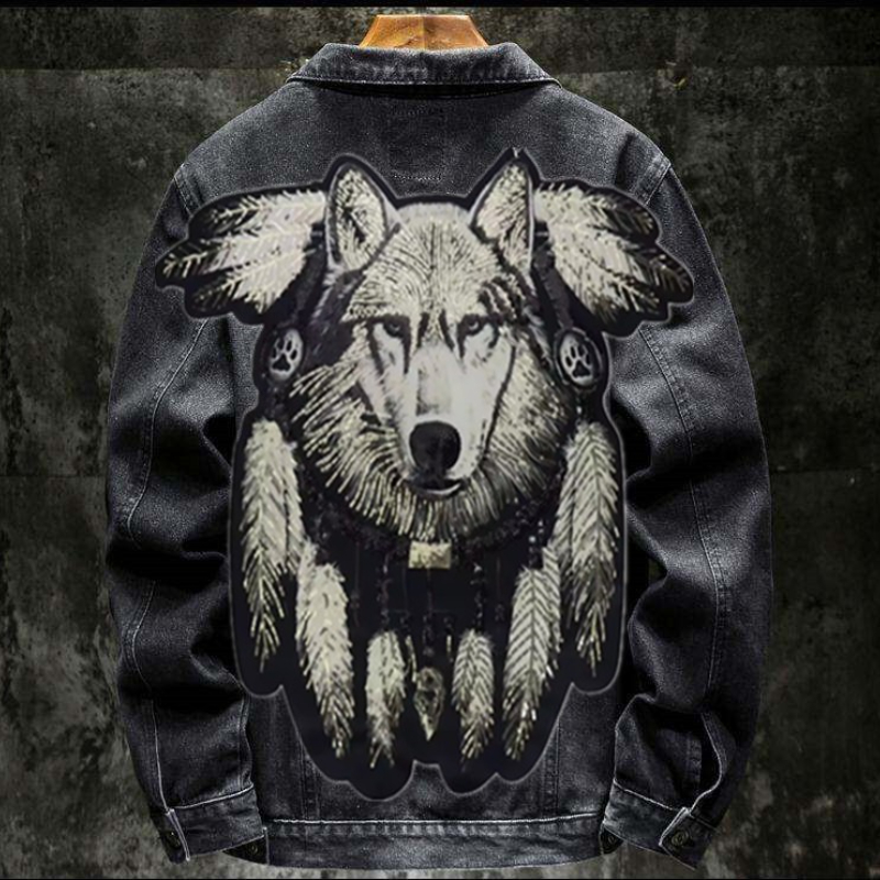 Street Fashion Jacket Men - Amerika Vintage Ağır Kurt Işlemeli Yama